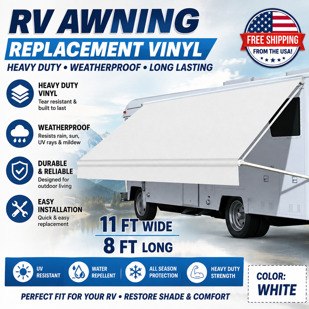 RV Awning Replacement Vinyl, Heavy Duty, Weatherproof 11 Ft W x 8 Ft L, White